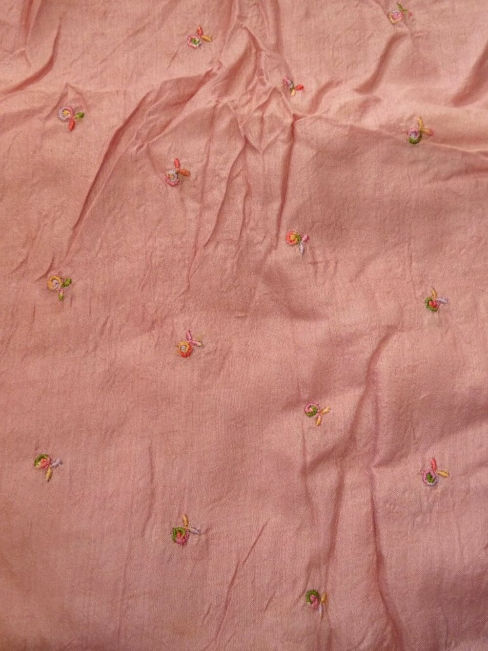 1 2/3 yds antique silk floral embroidered fabric pink rose mauve semi shear